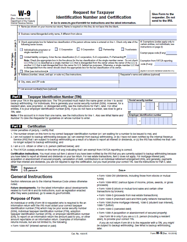 Request for Taxpayer ID Number and Certification W-9 Document